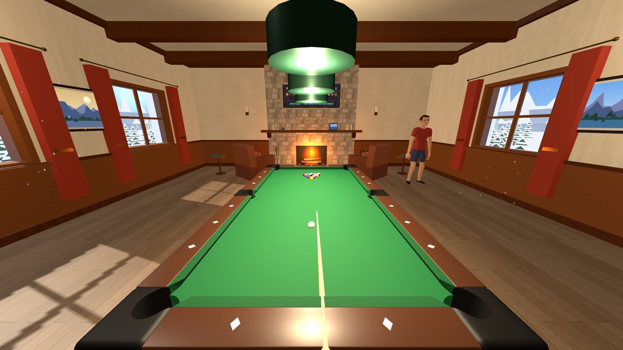 Looking down a green pool table toward a stone fireplace in a timber lodge