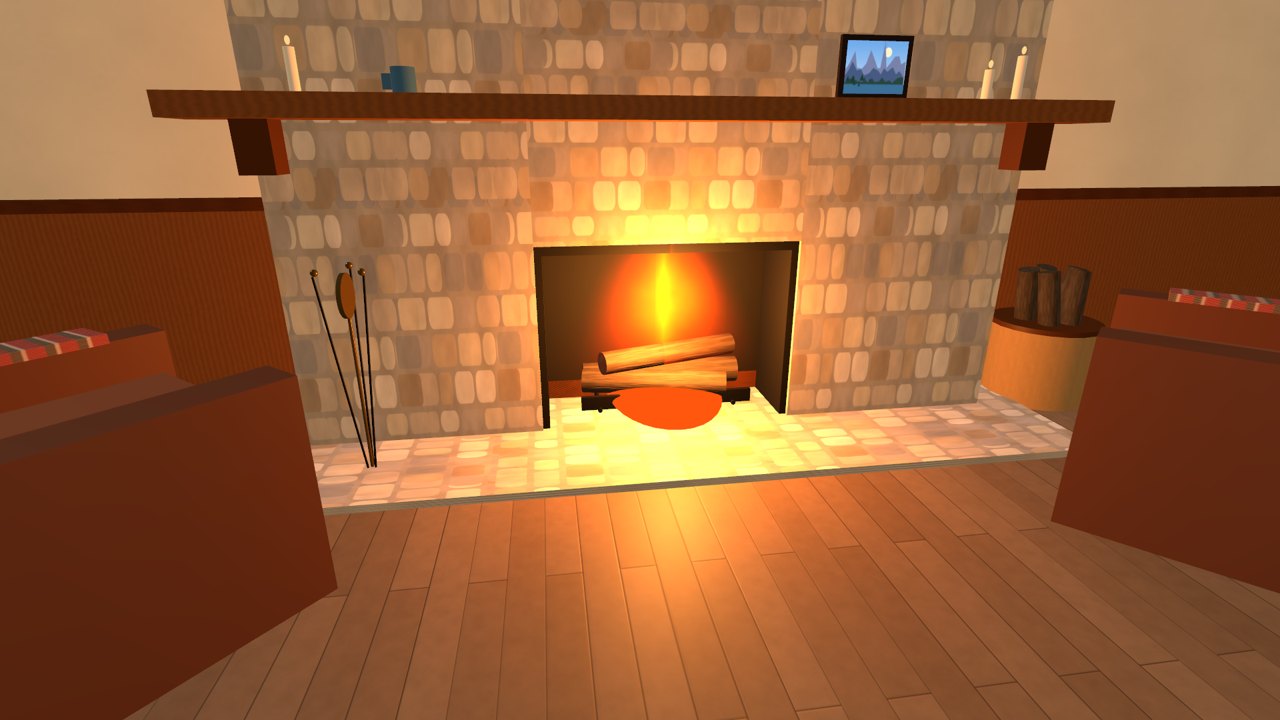 A crackling fire in a stone hearth with leather armchairs either side