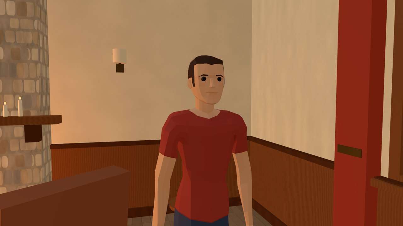 A friendly man in a red shirt standing by the fire