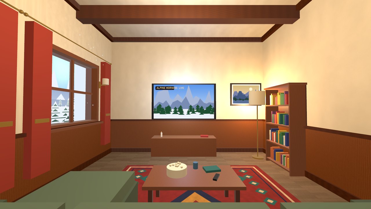 A cozy TV lounge with a couch, a coffee table and snowy windows